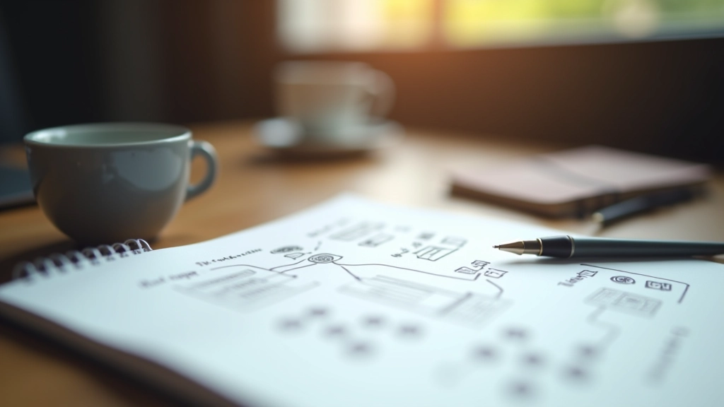 Close-up van notitieblok met brainstorm-notities, pen en koffiekopje op bureau