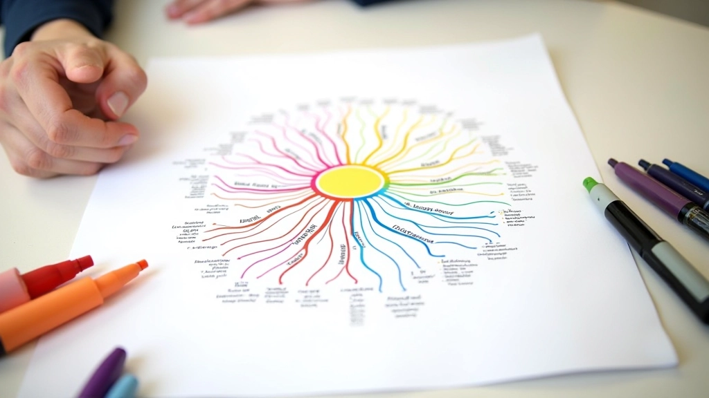 Kleurrijke mindmap met centrale idee en vertakkingen, schetsschrift met gekleurde pennen