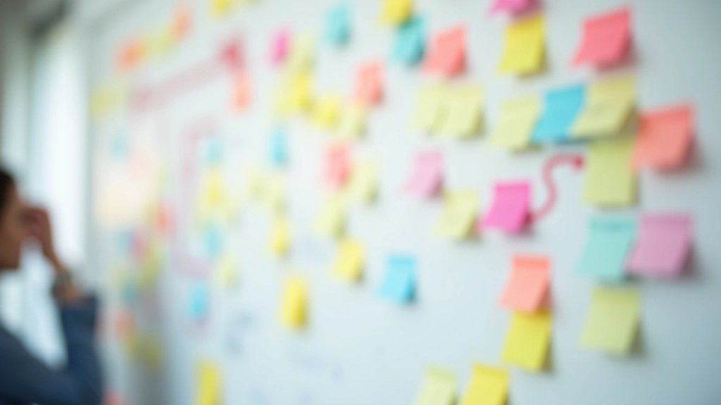 Afbeelding van een whiteboard vol gekleurde sticky notes met ideeën en pijlen die creativiteit en brainstormen voorstellen