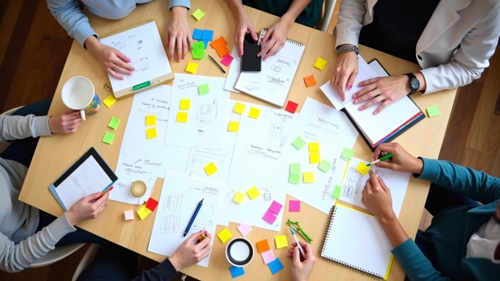 Creatieve brainstormsessie met kleurrijke post-it notities en schetsboeken op een houten tafel