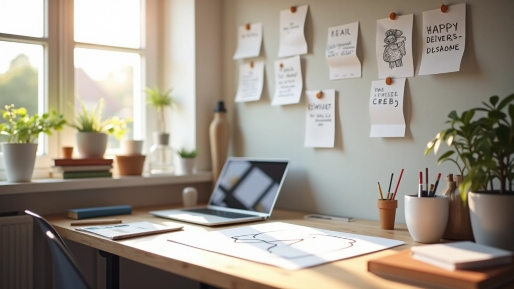 Creatieve werkplek met tekentafel, laptop en inspiratiekaarten aan muur