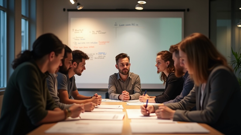 Groep mensen in brainstormsessie rond tafel met flipchart
