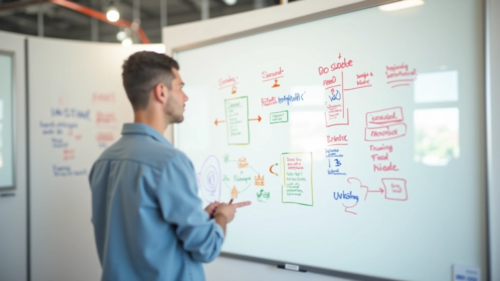 Moderne kantoor brainstorm ruimte met whiteboard vol notities, kleurrijke markers