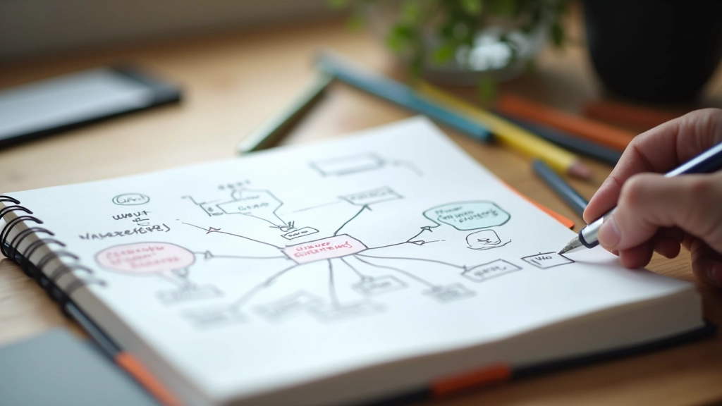 Notebook met mindmap schets en kleurpotloden op bureau