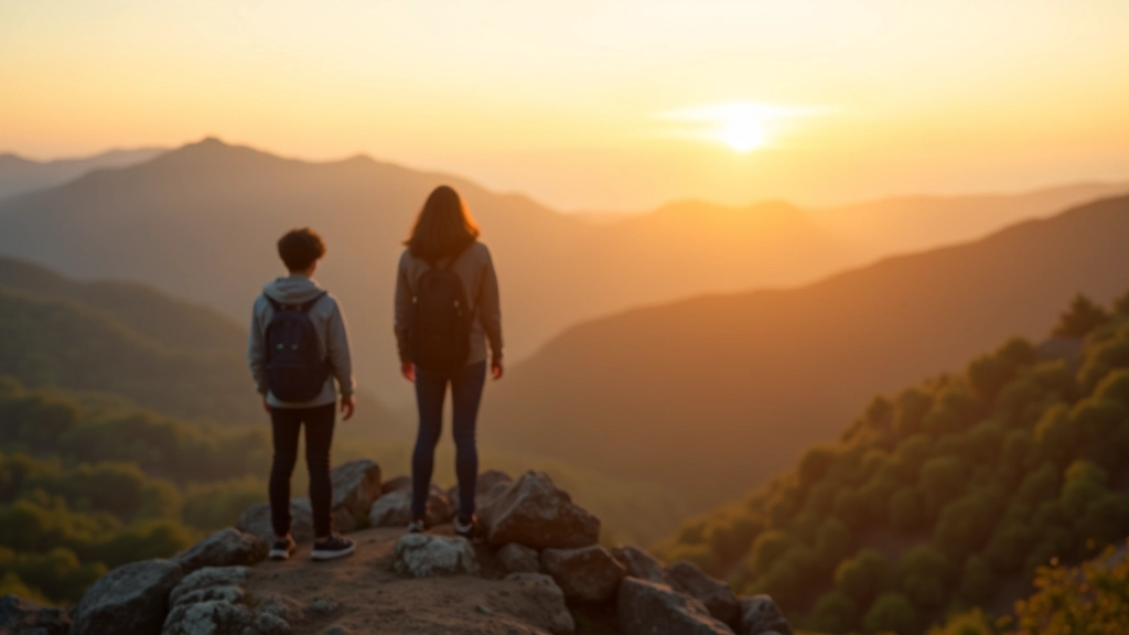Afbeelding van een persoon die op een bergtop staat en uitkijkt over een bergachtig landschap met mist en zonsopgang