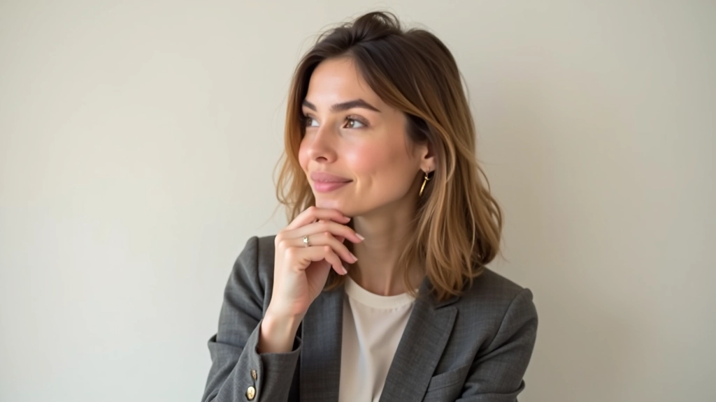 Persoonsportret van vrouw die nadenkt met hand aan kin, lichte achtergrond