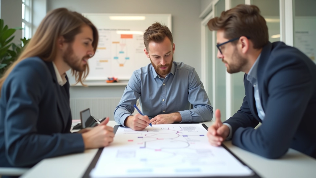 Groep van drie personen om een tafel met grote mindmap papier, brainstormen met markers