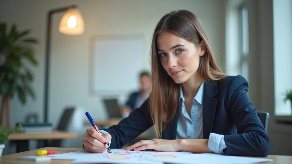 Persoon aan bureau die een mindmap tekent met gekleurde pennen en duidelijke hierarchie